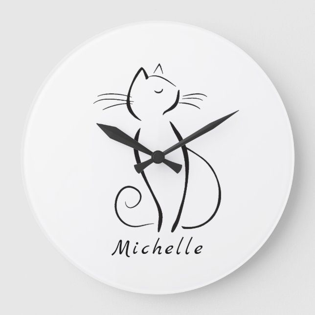 Minimalist black cat on white add name large clock (Front)