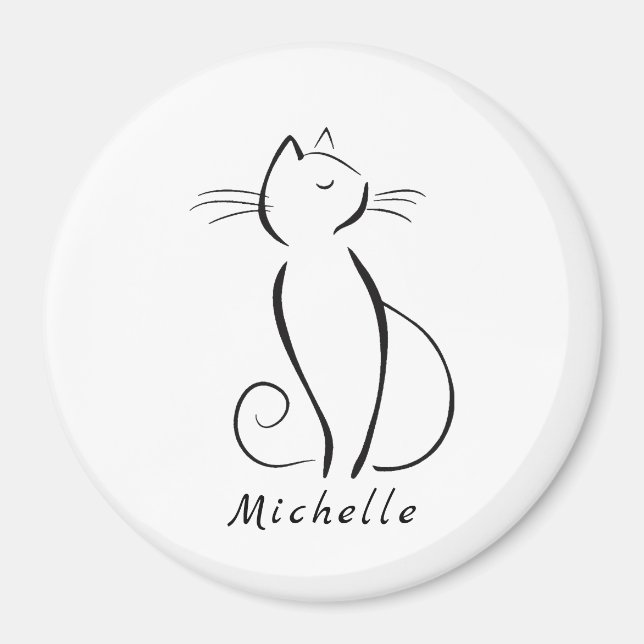 Minimalist black cat on white add name magnet (Front)