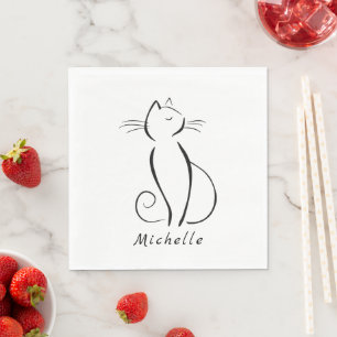 Minimalist black cat on white add name napkin