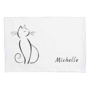 Minimalist black cat on white add name pillowcase