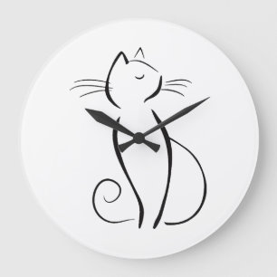 Minimalist black cat on white large clock