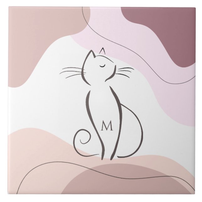 Minimalist Black Cat Organic Boho Shapes Monogram Ceramic Tile (Front)