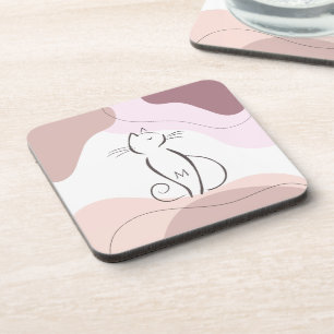 Minimalist Black Cat Organic Boho Shapes Monogram Coaster