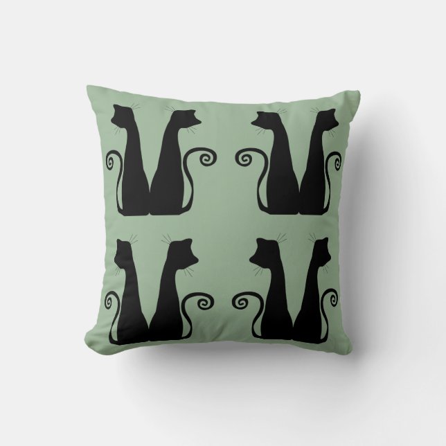 Minimalist Black Cat Pattern Sage Green Throw Pill Cushion (Front)