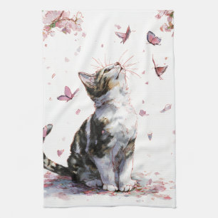 Minimalist Black Cat - Pink Blossoms & Gold Eye Tea Towel
