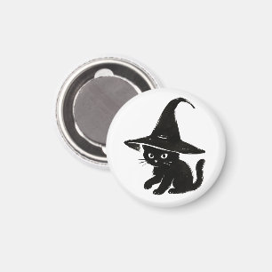 Minimalist Black Cat with Witch Hat Design on  Magnet