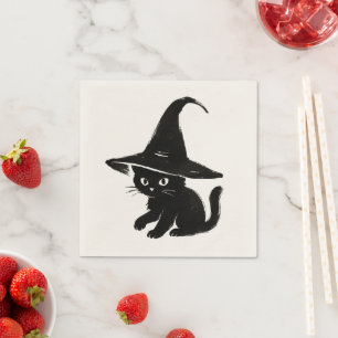 Minimalist Black Cat with Witch Hat Design on Napkin