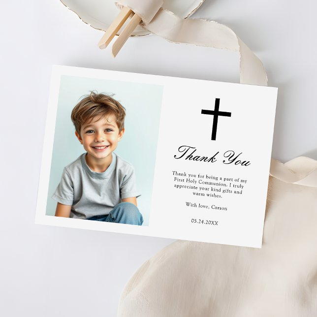 Minimalist Black Cross Boys First Communion Photo Thank You Card (Creator Uploaded)