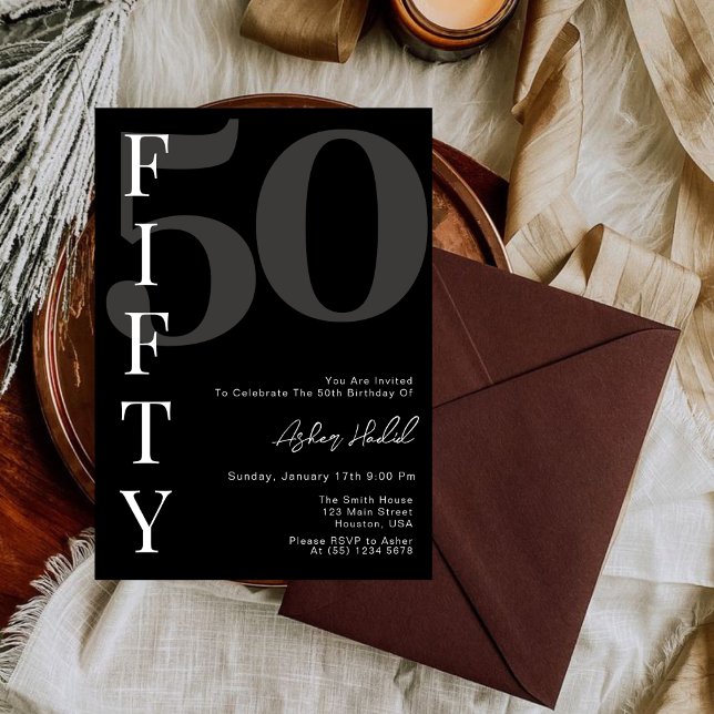 Minimalist Black Fifty 50th Birthday Party Invitation (Creator Uploaded)