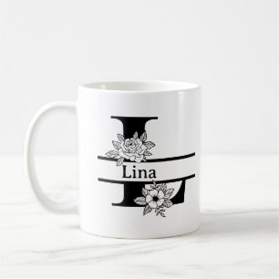 Minimalist Black Floral Initial Letter L Monogram Coffee Mug