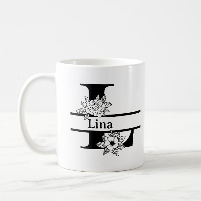 Minimalist Black Floral Initial Letter L Monogram  Coffee Mug (Left)