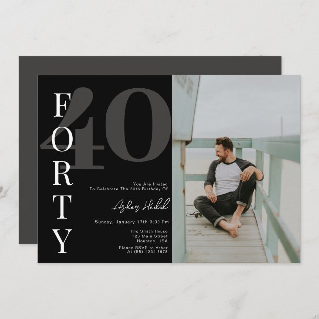 Minimalist Black FORTY 40th Birthday Party Invitation (Front/Back)