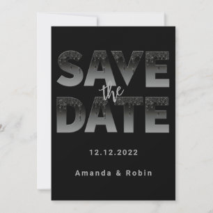 Minimalist Black Glitter Drip Wedding Photo Save The Date