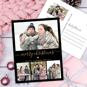 Minimalist Black Gold  4 Photo Collage Christmas Postcard