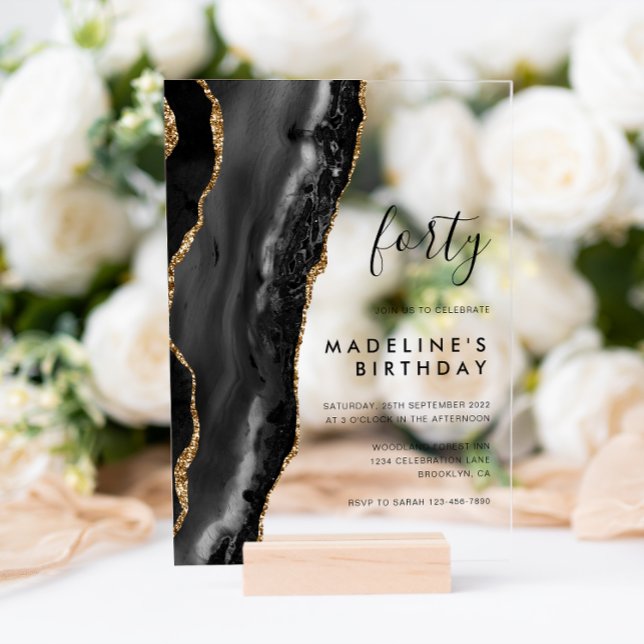 Minimalist Black Gold Agate Geode 40th Birthday Acrylic Invitations (Creator Uploaded)