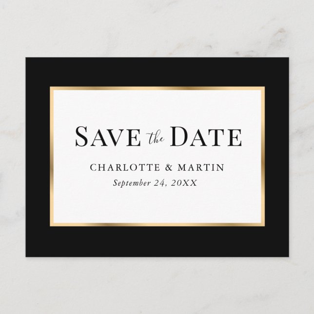 Minimalist Black Gold Elegant Frame Wedding Announcement Postcard (Front)