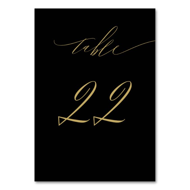 Minimalist Black Gold Elegant Script 22 Wedding Table Number (Front)