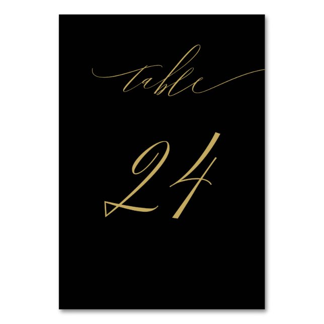 Minimalist Black Gold Elegant Script 24 Wedding Table Number (Front)