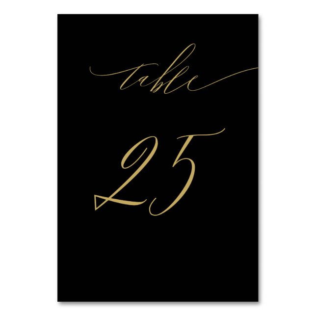 Minimalist Black Gold Elegant Script 25 Wedding Table Number (Front)