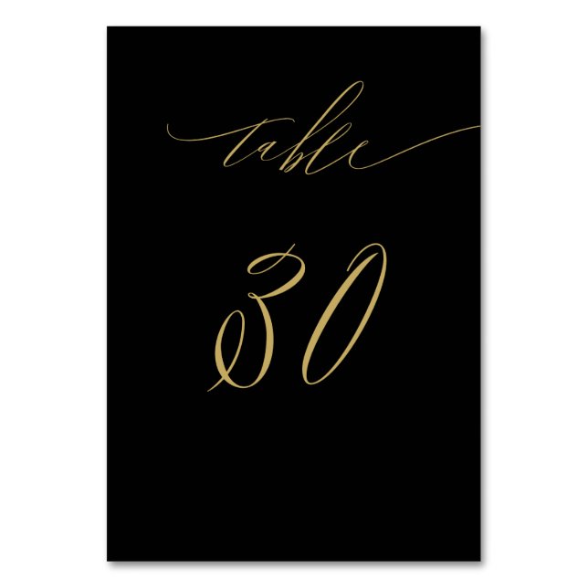 Minimalist Black Gold Elegant Script 30 Wedding Ta Table Number (Front)