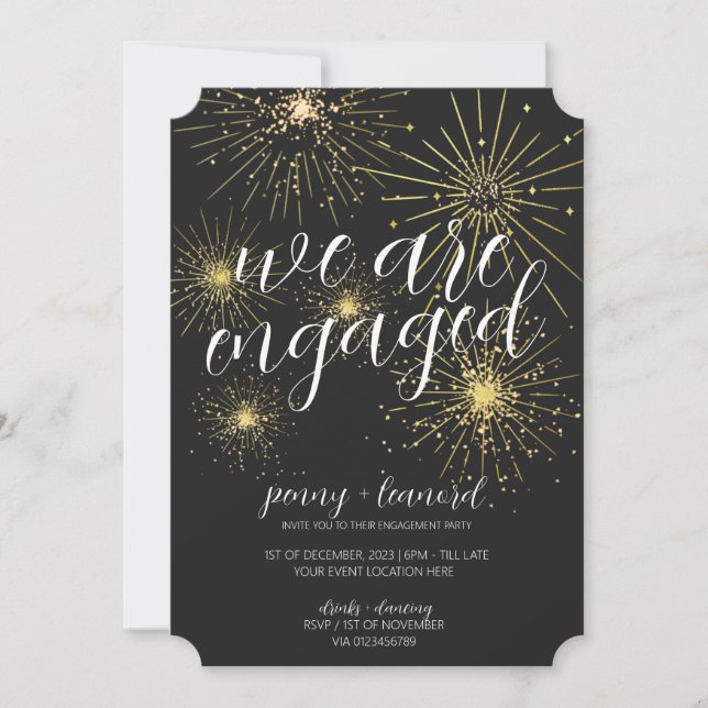 Minimalist Black Gold Fireworks Engagement Party  Invitation (Front)