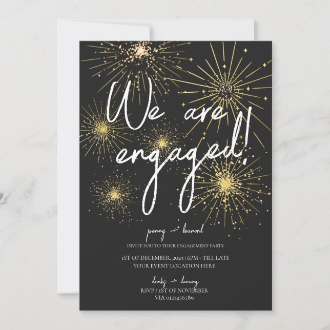 Minimalist Black Gold Fireworks Engagement Party  Invitation (Front)