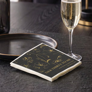 Minimalist Black / Gold Floral 30th Birthday Paper Napkin