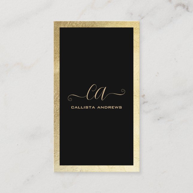Minimalist Black Gold Foil Border Monogram Business Card (Front)