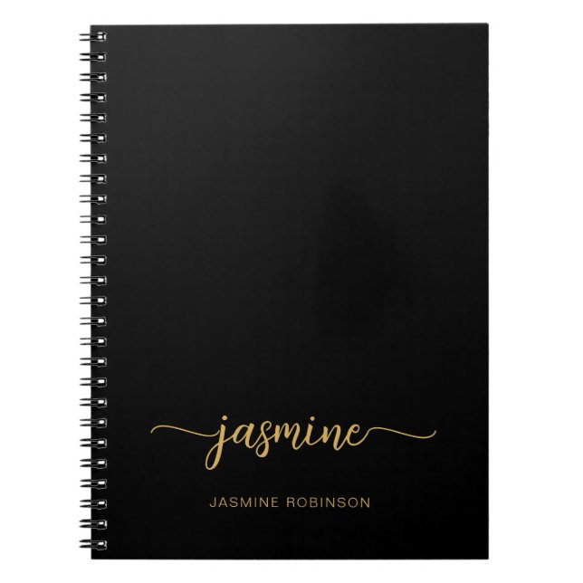 Minimalist Black Gold Girly Monogram Name Script Notebook (Front)