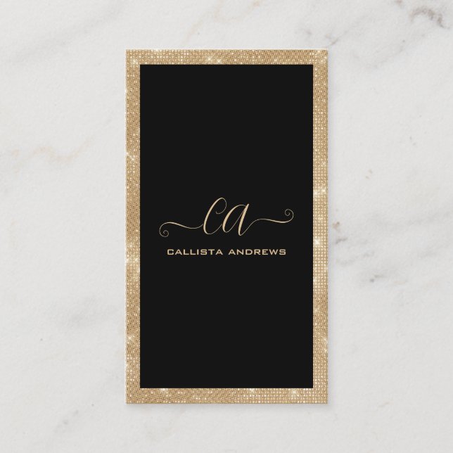 Minimalist Black Gold Glitter Sequins Border Business Card (Front)