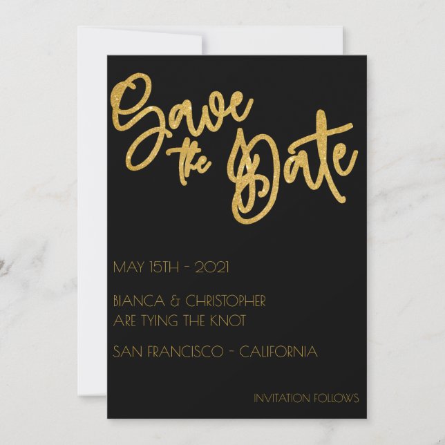 Minimalist Black & Gold Glitter Wedding Art Deco Save The Date (Front)