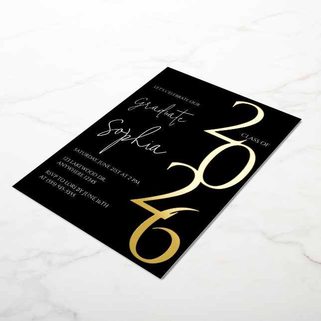 Minimalist Black & Gold Graduation Foil Invitation (Rotated)
