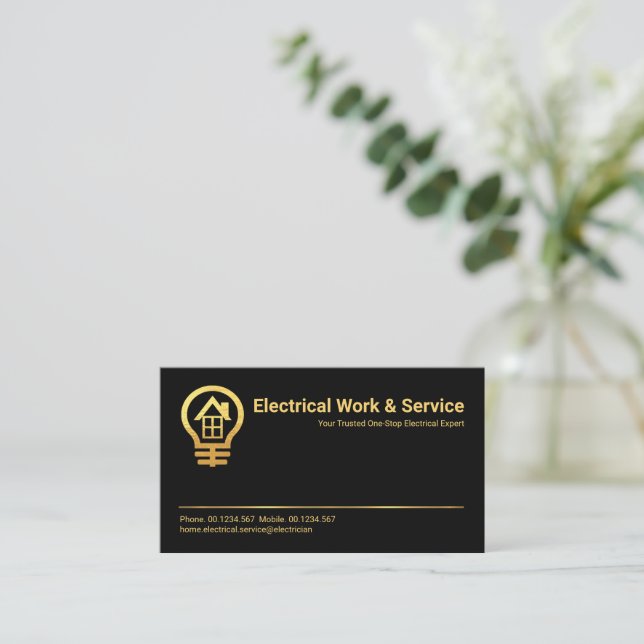 Minimalist Black Gold Home Bulb Electrician Business Card (Standing Front)
