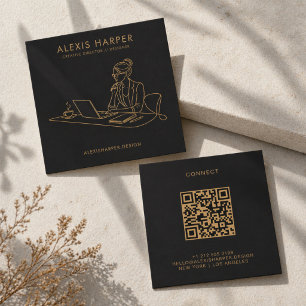Minimalist Black Gold Line Art Woman QR Code Square Business Card