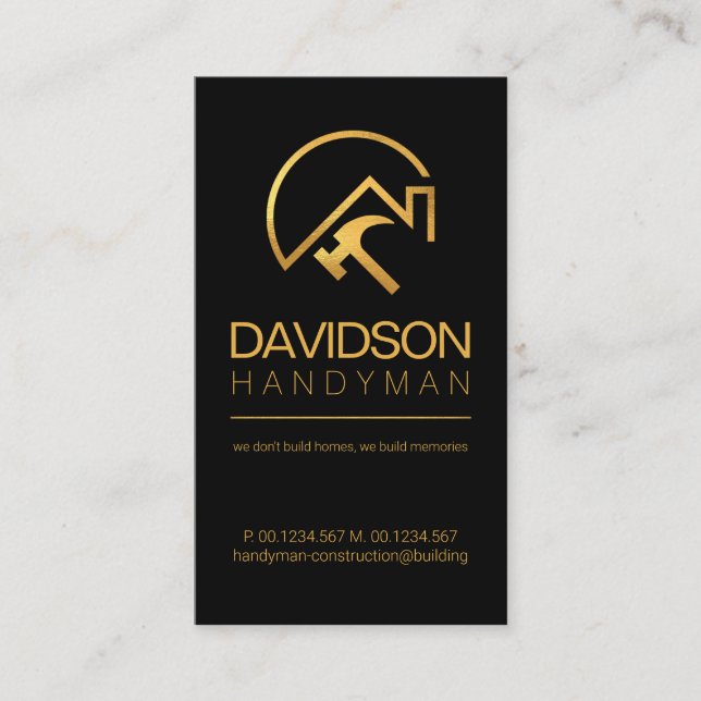 Minimalist Black Gold Line Rooftop Handyman Hammer Business Card (Front)