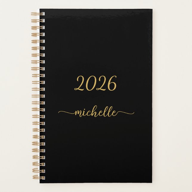 Minimalist Black Gold Monogram Name Girly Script Planner (Front)