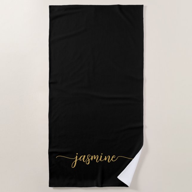 Minimalist Black Gold Monogram Name Huge Script Beach Towel (Front)