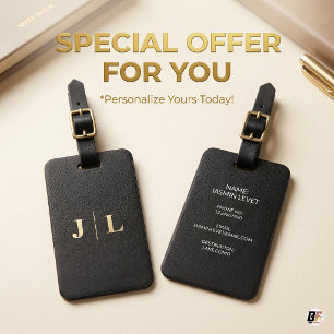 Minimalist Black & Gold Monogram Personalised Luggage Tag