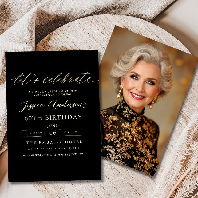 Minimalist Black Gold Photo 60th Birthday Invitation (Creator Uploaded)