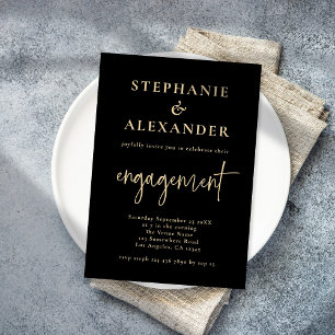 Minimalist Black Gold Script Engagement Invitation