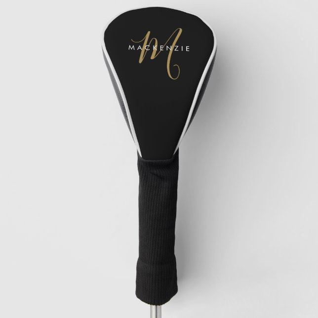 Minimalist Black Gold Script Monogram Golf Head Cover (Front)