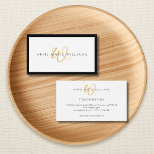 Minimalist Black Gold Script Two Border Monogram Business Card