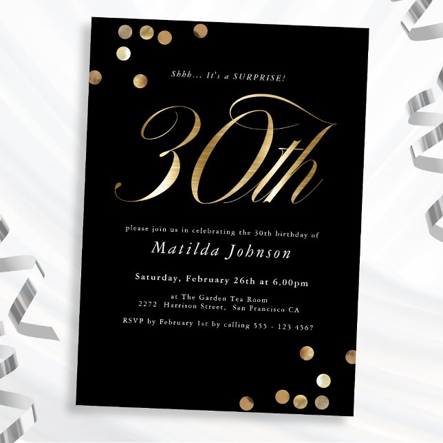 Minimalist Black Gold Surprise 30th Birthday Party Invitation (Mockup View)