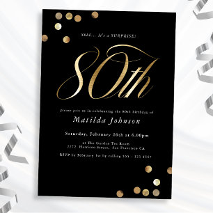Minimalist Black Gold Surprise 80th Birthday Party Invitation