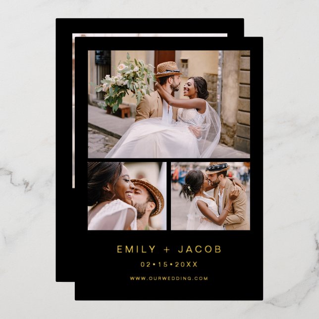 Minimalist Black Gold Wedding Four Photo (Front/Back)