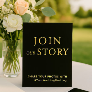 Minimalist Black & Gold Wedding Hashtag Sign Foil Holiday Card