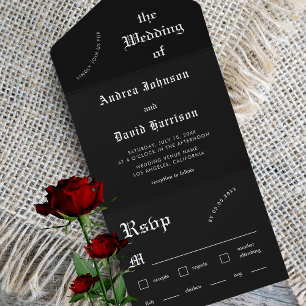 Minimalist Black Gothic Goth Modern Dark Wedding All In One Invitation