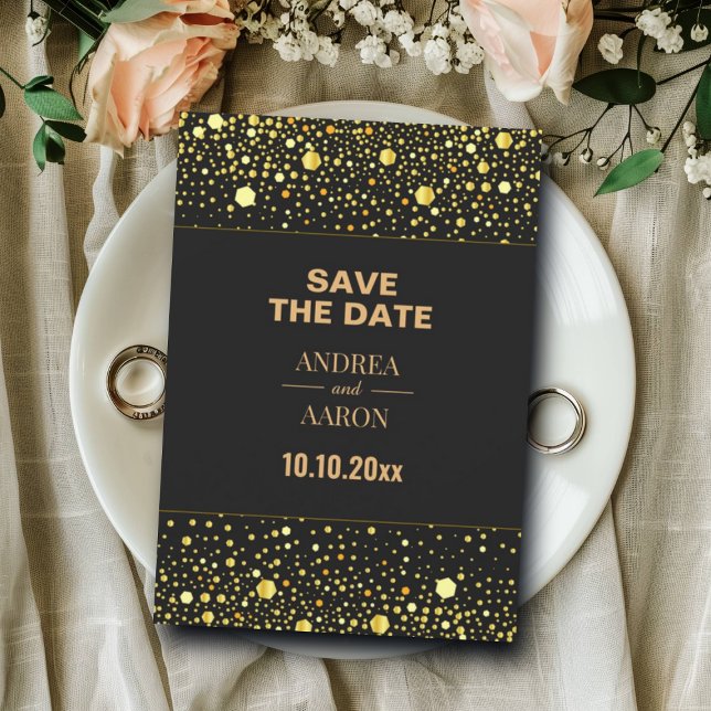 Minimalist Black Grey Gold Glitter Dots 5x7"  Save The Date (Creator Uploaded)