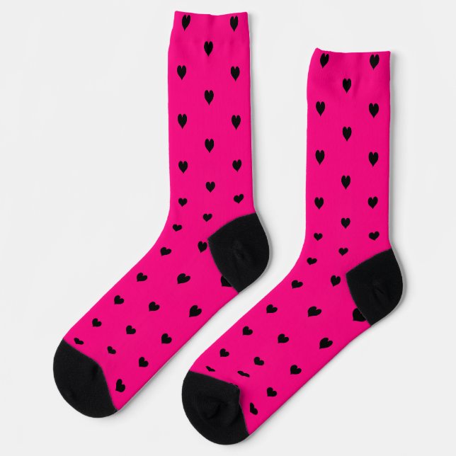 Minimalist Black Heart Pattern on Neon Pink Socks (Left)