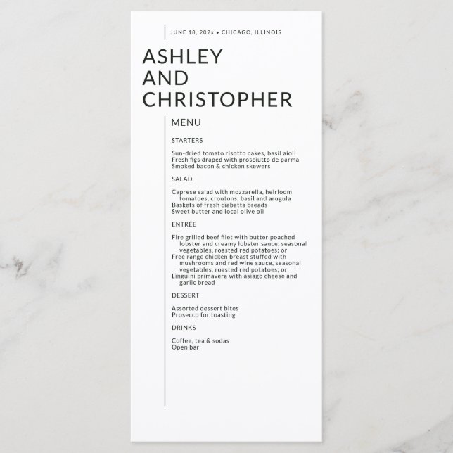 Minimalist Black Isolated Names Wedding Menu (Front)